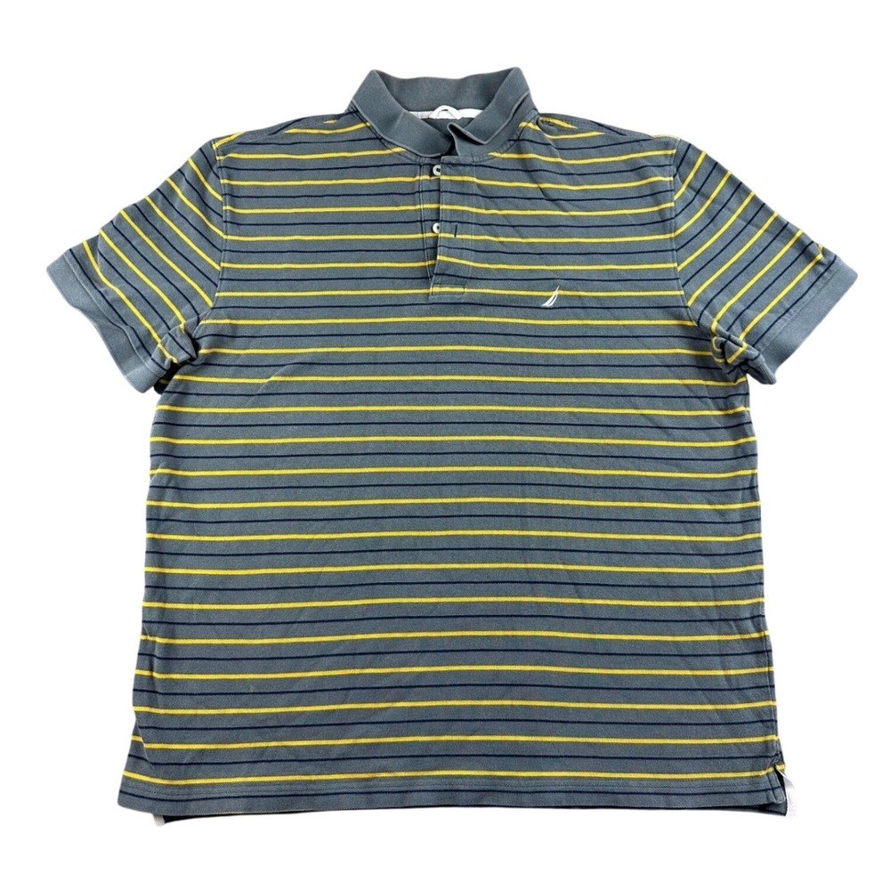 Nautica Polo Shirt Men XL Gray Yellow Striped Short Sleeve 100%‎ Cotton Button